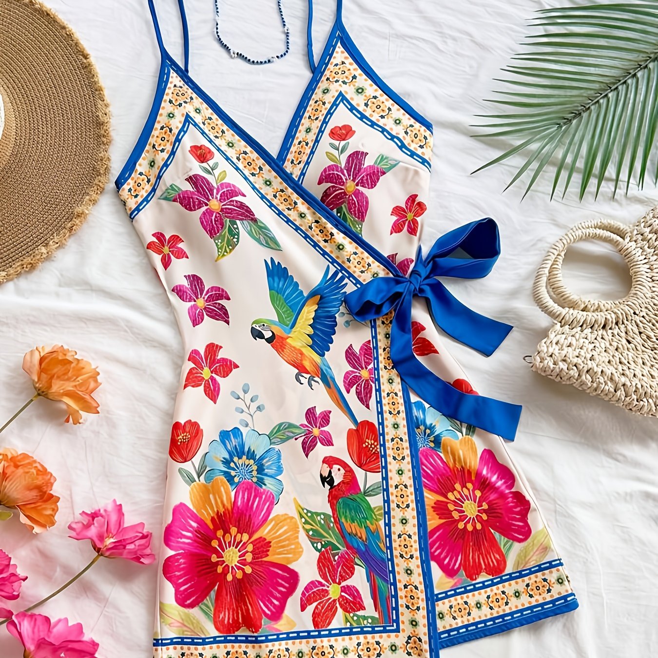 Damen Wickelkleid im Tropischen Stil mit Blumen- und Vogelmotiven
