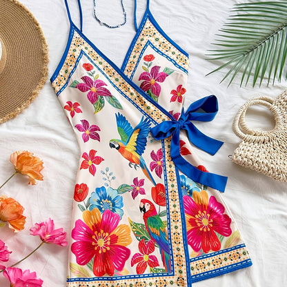 Damen Wickelkleid im Tropischen Stil mit Blumen- und Vogelmotiven