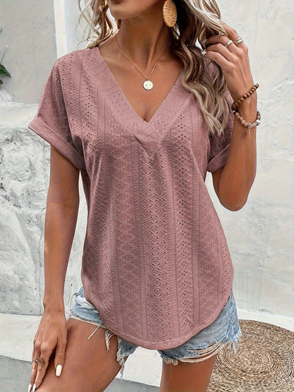 Damen Elegante V-Ausschnitt Sommerbluse mit Lochmuster – Lässiger Chic für Alltag & Freizeit