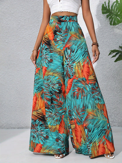 Damen Weite Palazzo-Hose mit tropischem Blattmuster – Sommerlich, Boho, Ideal für Strand & Freizeit