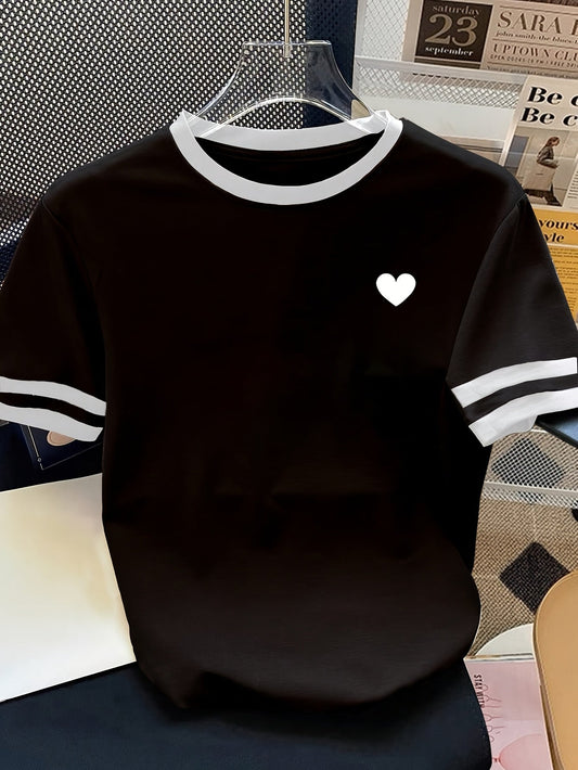 Damen T-Shirt mit Herz-Print und Kontraststreifen – Casual Streetwear Style