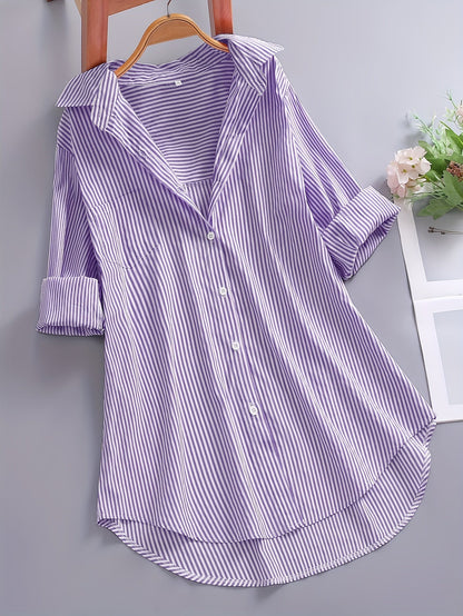 Damen Oversize Hemd mit Streifen – Lockeres Business & Freizeit Langarm-Bluse