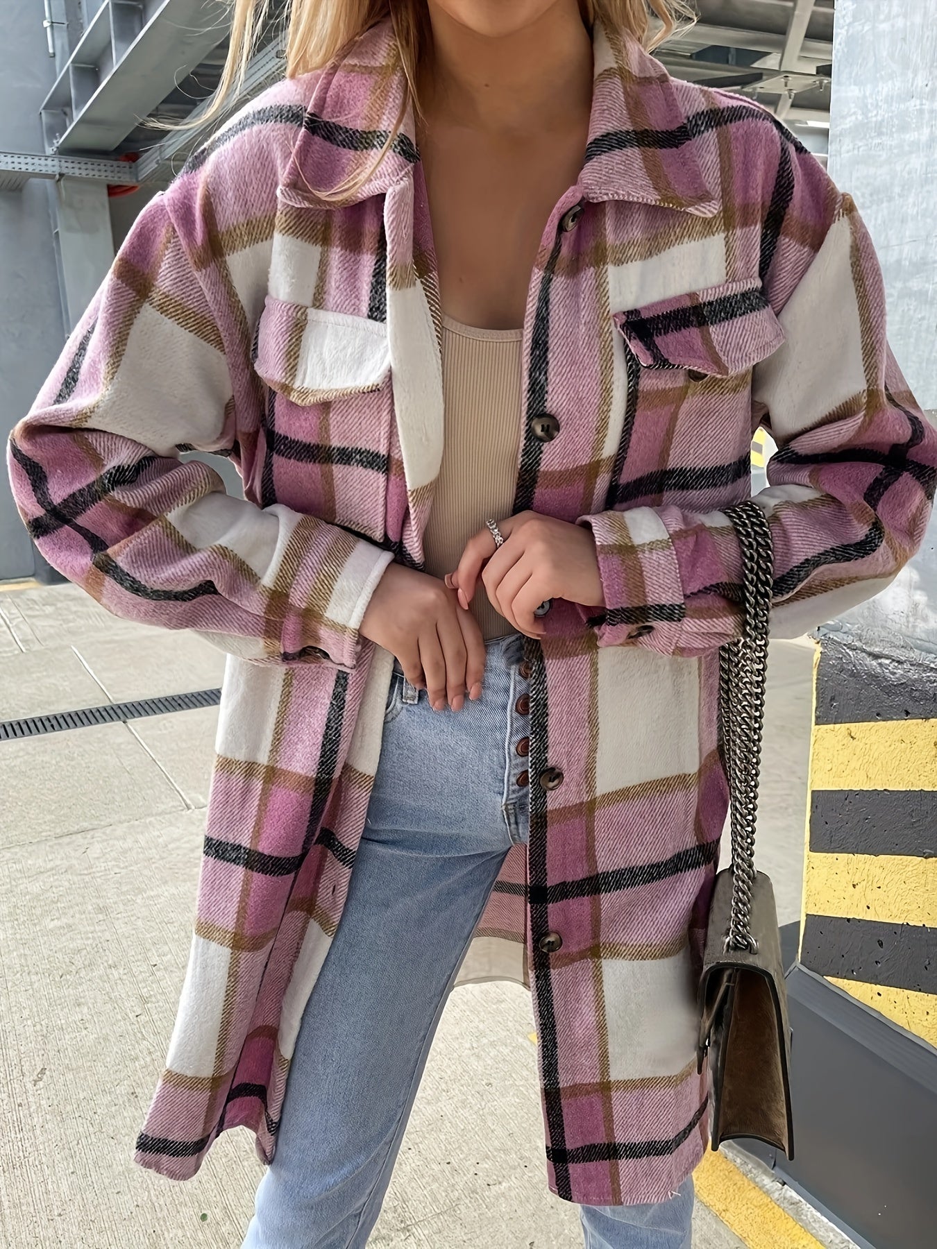 Damen Langarm Karo Shacket im lässigen Oversize-Stil – Perfekt für Alltag und Freizeit