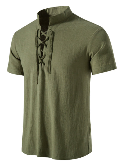 Herren Kurzarm Freizeithemd mit Schnürung und Stehkragen – Retro Sommer Oberteil