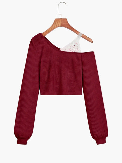Damen Pullover im Asymmetrischen Schnitt mit Spitze und Einem Schulterfreien Design – Modischer Strickpulli für Alltag und Freizeit