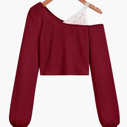 Damen Pullover im Asymmetrischen Schnitt mit Spitze und Einem Schulterfreien Design – Modischer Strickpulli für Alltag und Freizeit