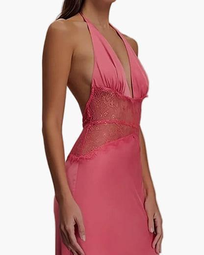 Damen Abendkleid Elegant mit Spitzen-Detail und Tiefem V-Ausschnitt – Perfekt für Besondere Anlässe