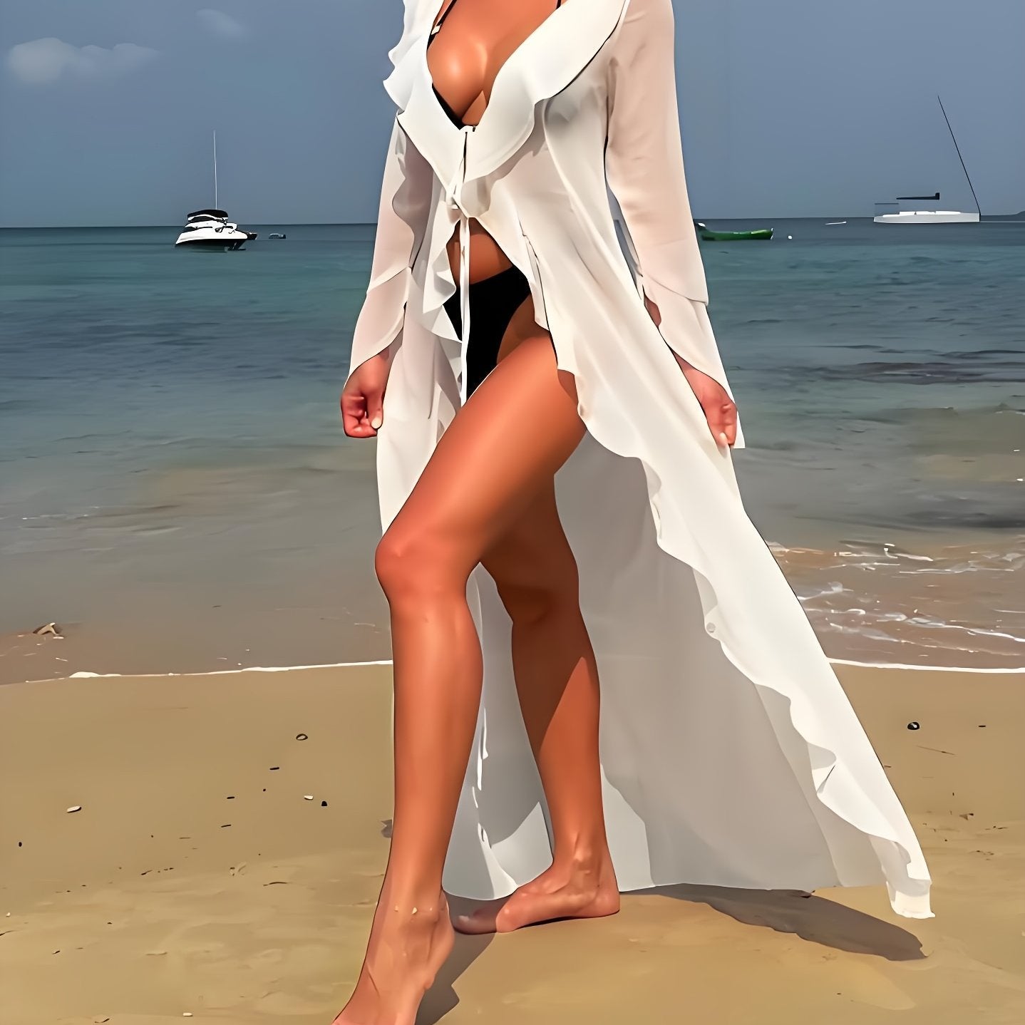 Damen lange Strand Kimono Cardigan mit Rüschen – Eleganter Überwurf für Urlaub und Freizeit