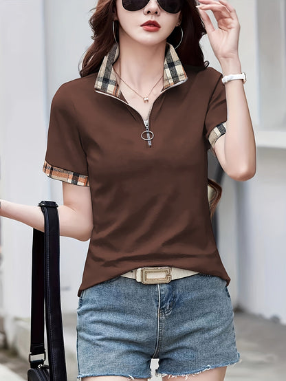 Damen Poloshirt mit Reißverschluss-Kragen und Karodetails – Modisches Freizeitshirt für Alltag und Ausgehen