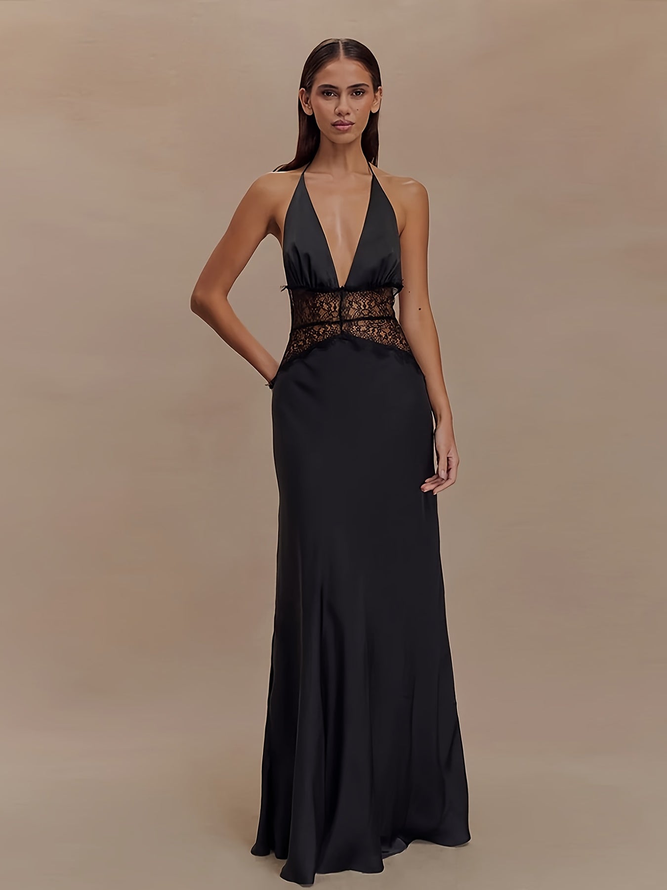 Damen Abendkleid Elegant mit Spitzen-Detail und Tiefem V-Ausschnitt – Perfekt für Besondere Anlässe