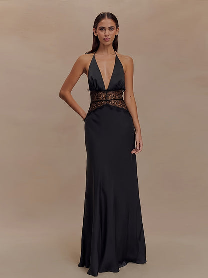 Damen Abendkleid Elegant mit Spitzen-Detail und Tiefem V-Ausschnitt – Perfekt für Besondere Anlässe