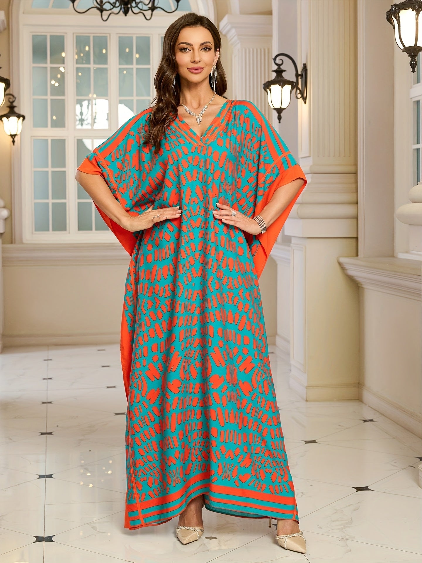 Damen Boho Maxikleid mit Kaftan-Schnitt und V-Ausschnitt – Elegantes Freizeitkleid für Sommer und Urlaub