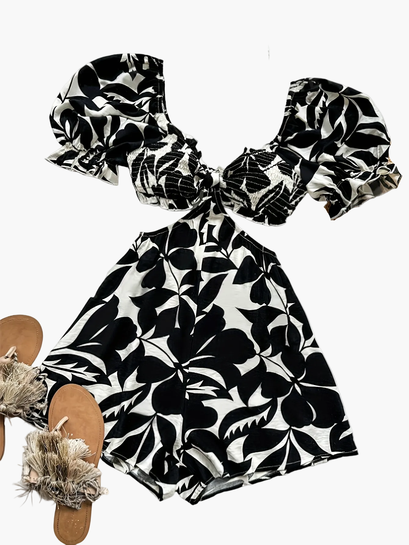 Damen Jumpsuit mit Tropenmuster und Puffärmeln – Perfekt für Urlaub, Strand & Sommerfeste