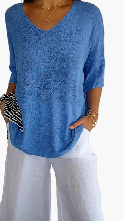 Damen Stricktop mit V-Ausschnitt – Lässiges, bequemes Oberteil für Alltag und Freizeit