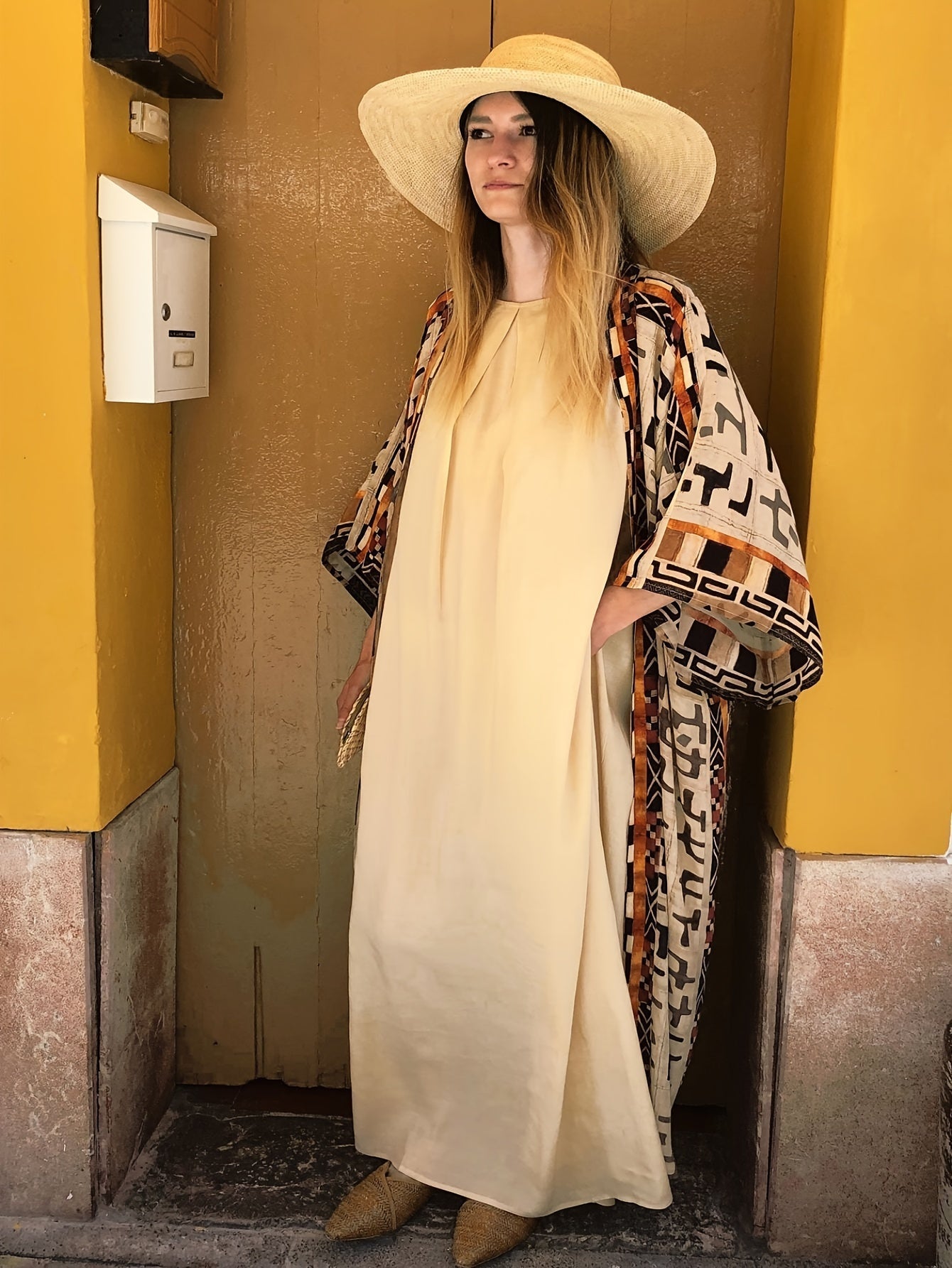 Damen Boho Kimono Lang mit Ethno-Muster – Eleganter Langer Morgenmantel für Strand & Freizeit