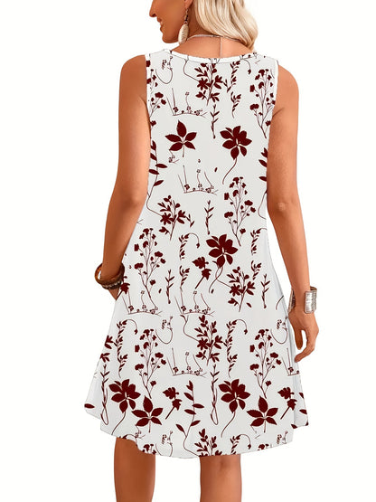 Damen Sommerkleid ärmellos mit floralem Print, elegantes Freizeitkleid für Alltag und Urlaub