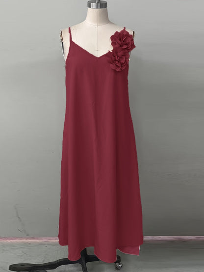 Damen Sommerkleid Elegant mit Blumenapplikation und V-Ausschnitt – Perfekt für Gartenpartys und besondere Anlässe