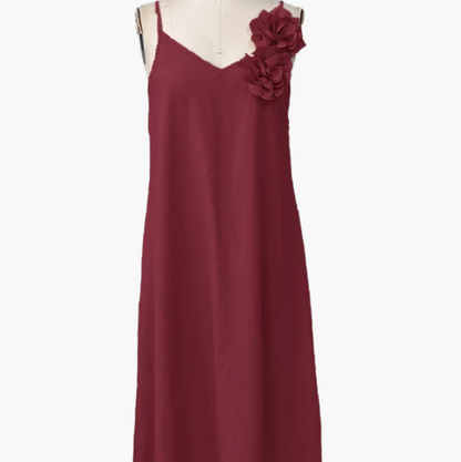 Damen Sommerkleid Elegant mit Blumenapplikation und V-Ausschnitt – Perfekt für Gartenpartys und besondere Anlässe
