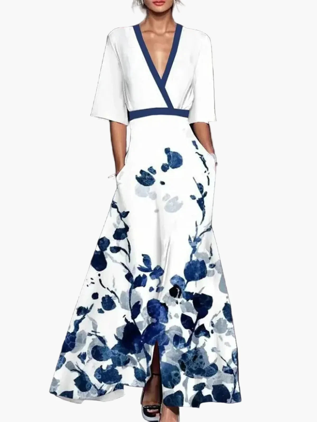 Damen Maxikleid Elegant mit Blumenmuster und 3/4-Ärmeln – Perfekt für besondere Anlässe