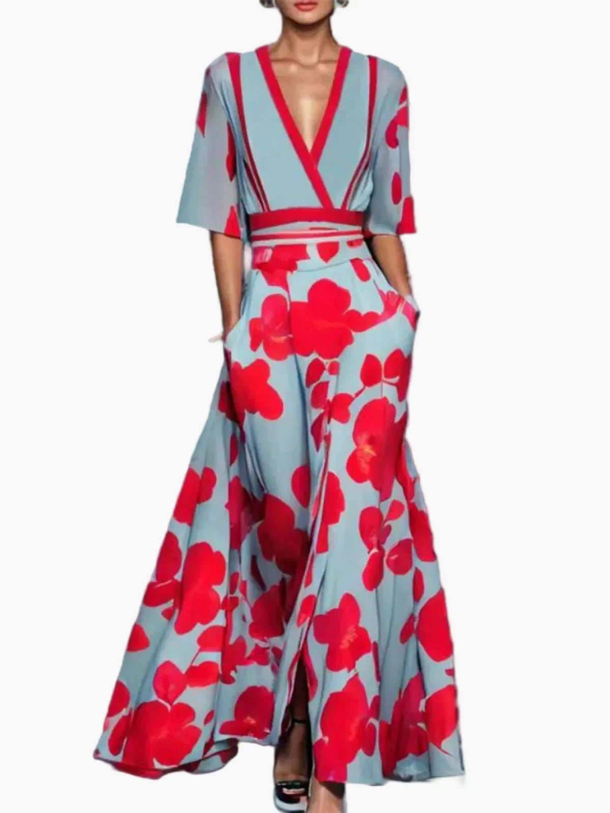 Damen Maxikleid Elegant mit Blumenmuster und 3/4-Ärmeln – Perfekt für besondere Anlässe