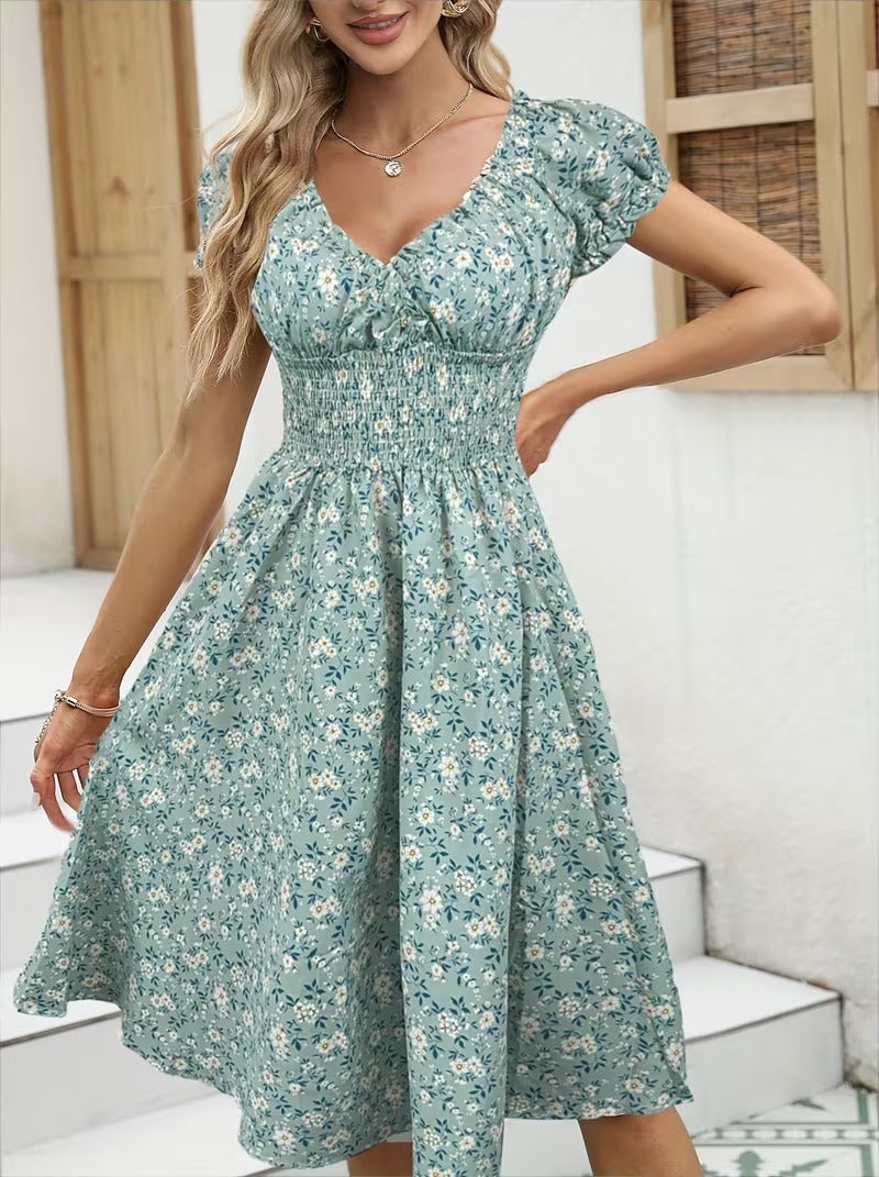 Damen Sommerkleid Elegant mit Blumenmuster und Kurzarm – Perfekt für Alltag und Urlaub