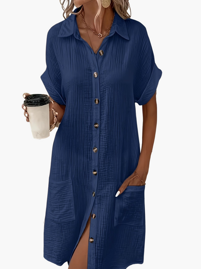 Damen Freizeit Hemdblusenkleid mit Knopfleiste und Taschen – Lässiger Sommer-Stil