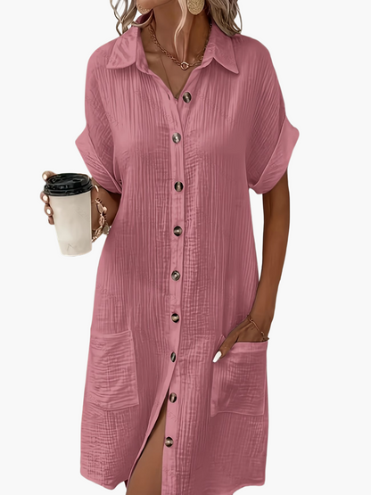 Damen Freizeit Hemdblusenkleid mit Knopfleiste und Taschen – Lässiger Sommer-Stil