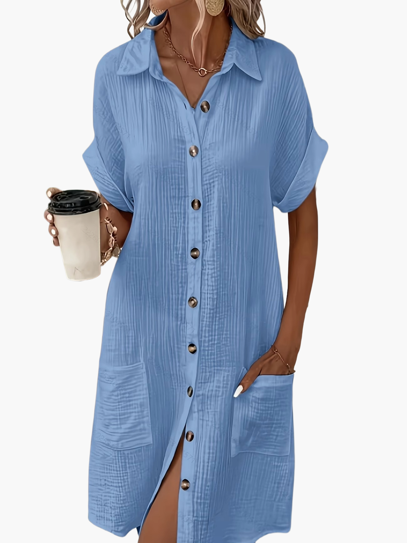 Damen Freizeit Hemdblusenkleid mit Knopfleiste und Taschen – Lässiger Sommer-Stil