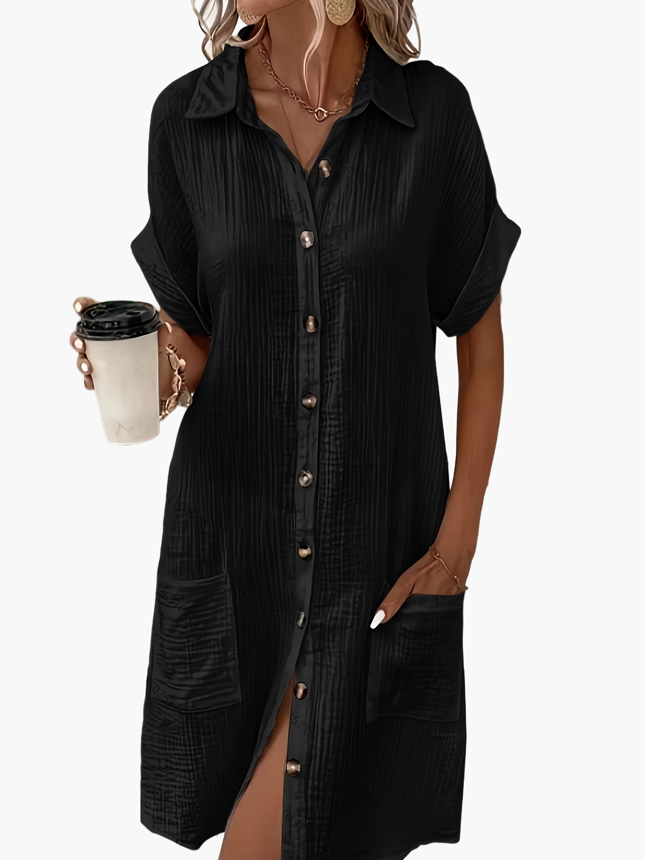 Damen Freizeit Hemdblusenkleid mit Knopfleiste und Taschen – Lässiger Sommer-Stil