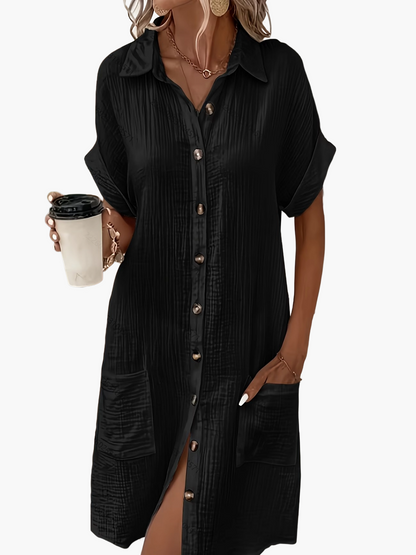 Damen Freizeit Hemdblusenkleid mit Knopfleiste und Taschen – Lässiger Sommer-Stil