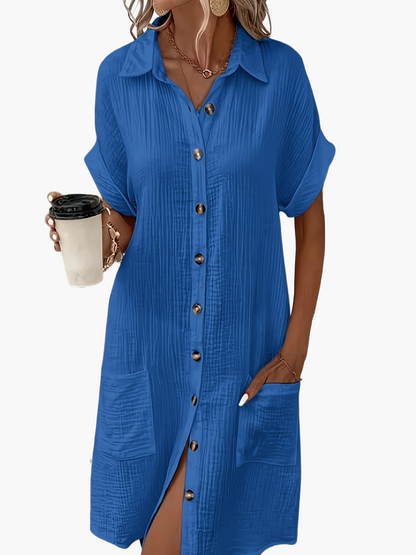 Damen Freizeit Hemdblusenkleid mit Knopfleiste und Taschen – Lässiger Sommer-Stil