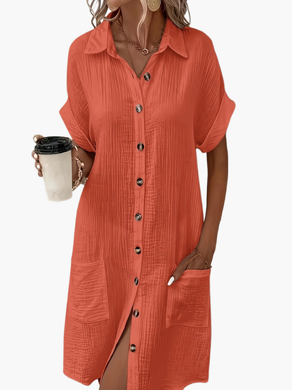 Damen Freizeit Hemdblusenkleid mit Knopfleiste und Taschen – Lässiger Sommer-Stil