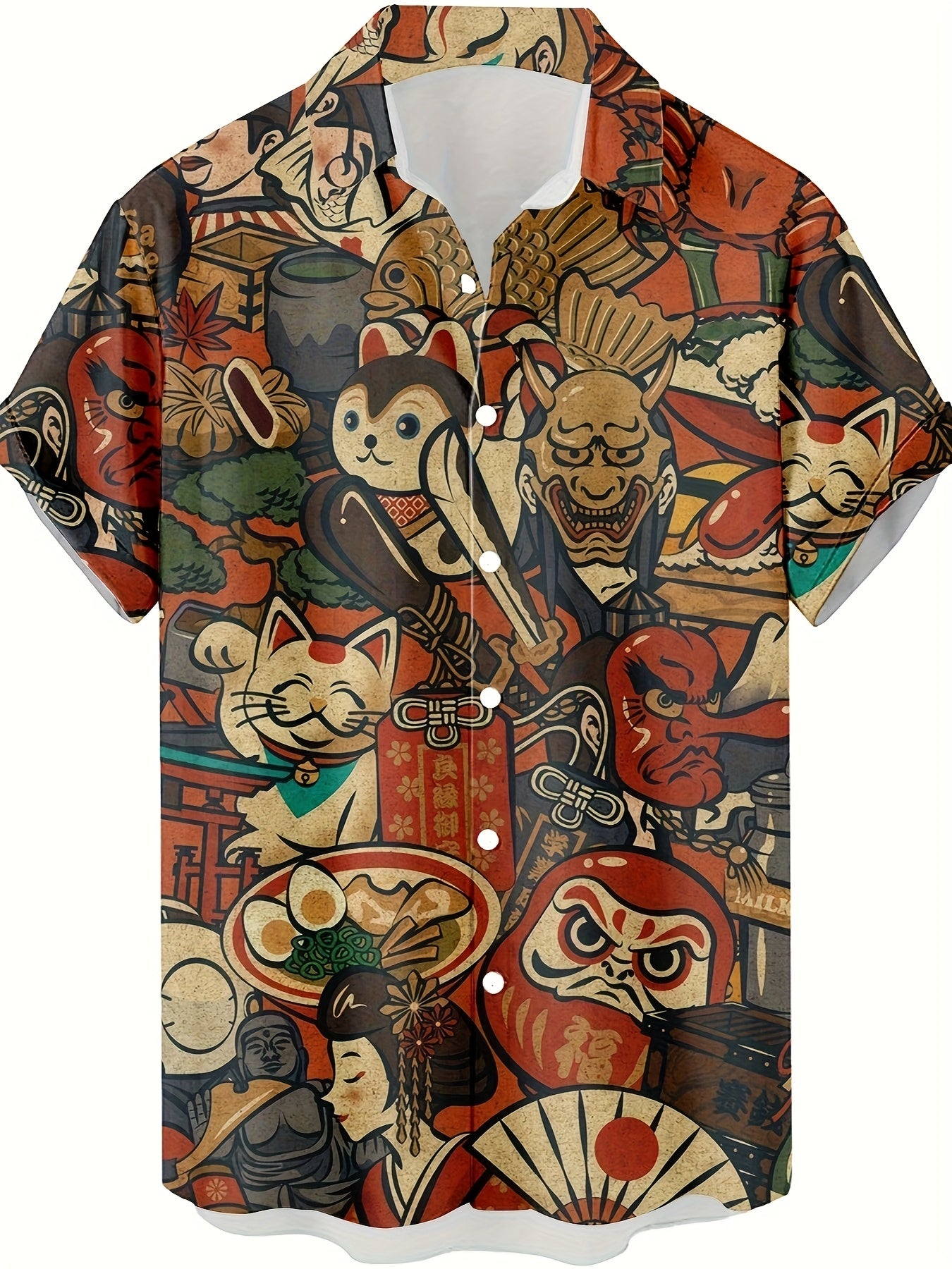 Herren Kurzarmhemd mit Japanischem Kunst- und Glückssymbol-Print – Casual Streetwear