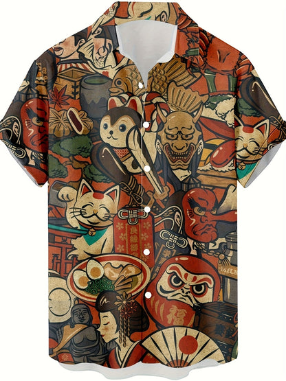 Herren Kurzarmhemd mit Japanischem Kunst- und Glückssymbol-Print – Casual Streetwear
