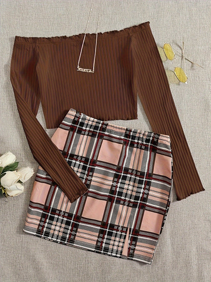 Damen Off-Shoulder Zweiteiler Set – Elegantes Oberteil mit Falten & Karierter Minirock – Perfekt für Frühling und Sommer