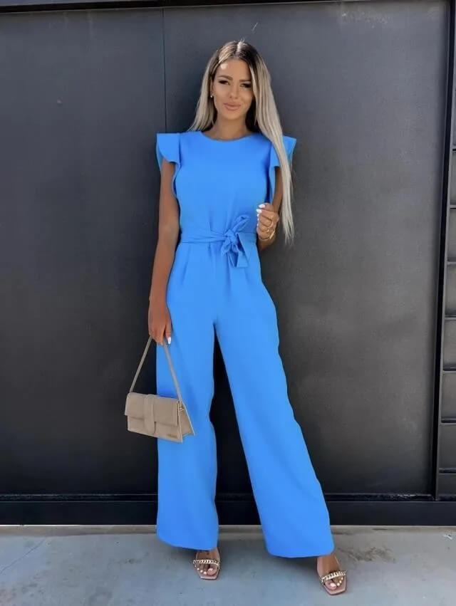 Damen Jumpsuit Elegant – Weite Passform mit Volantärmeln und Taillengürtel, ideal für Büro & Ausgehen
