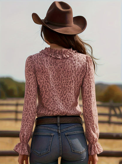 Damen Bluse mit Volants und Leopardenmuster – Eleganter Vintage-Look für Freizeit & Ausgehen
