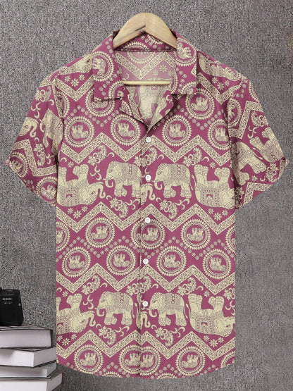 Herren Resort Hemd mit Elefanten- und Mandala-Muster, Kurzarm, Freizeit Stil