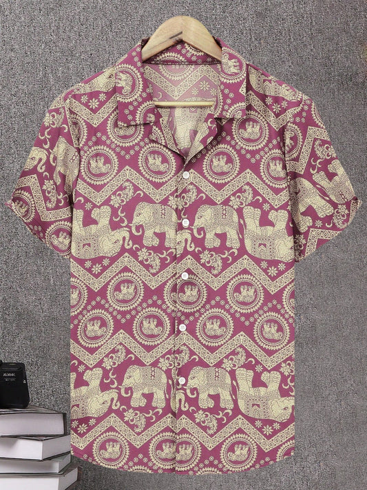 Herren Resort Hemd mit Elefanten- und Mandala-Muster, Kurzarm, Freizeit Stil
