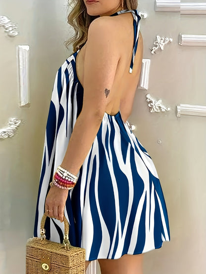 Damen Mini Kleid mit abstraktem Muster und offenem Rücken – Modisches Strand- und Freizeitkleid