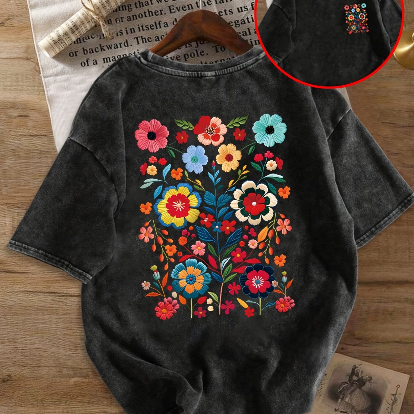 Damen Oversize T-Shirt mit Blumenstickerei – Lässiger Sommer-Look, Vintage Stil