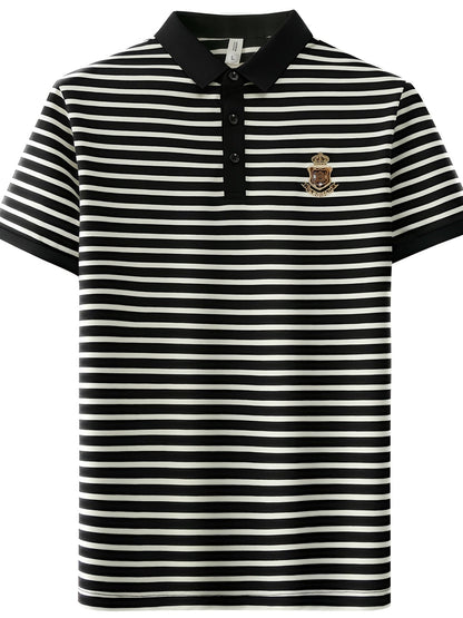 Herren Poloshirt mit Streifenmuster und Brust-Emblem – Klassisch, Kurzarm, Smart-Casual Stil
