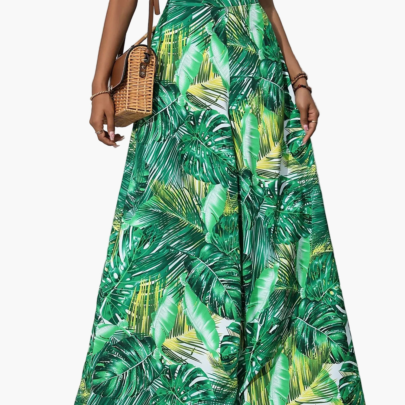 Damen Weite Palazzo-Hose mit tropischem Blattmuster – Sommerlich, Boho, Ideal für Strand & Freizeit