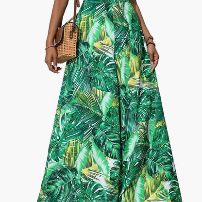 Damen Weite Palazzo-Hose mit tropischem Blattmuster – Sommerlich, Boho, Ideal für Strand & Freizeit