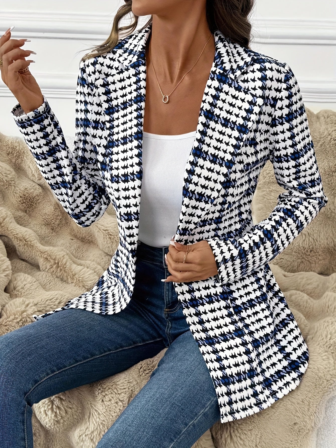 Damen Eleganter Hahnentritt Blazer für Büro und Freizeit