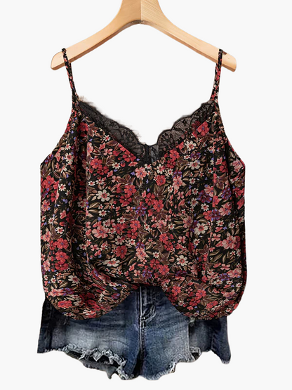 Damen Sommer-Top mit Blumenmuster und Spitzen-Detail – Lässiges Trägertop für Freizeit und Urlaub