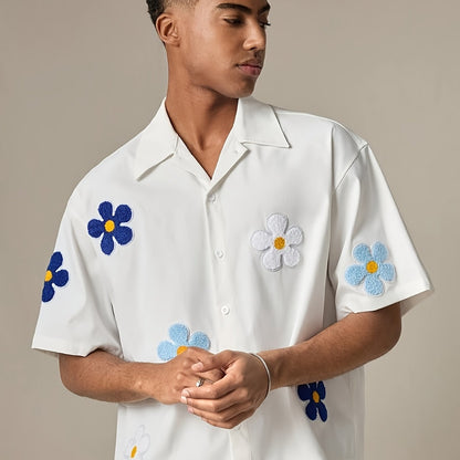 Herren Freizeit-Hemd mit Blumenstickerei und kurzem Ärmel – Modernes, verspieltes Design für Alltag und Ausgehen