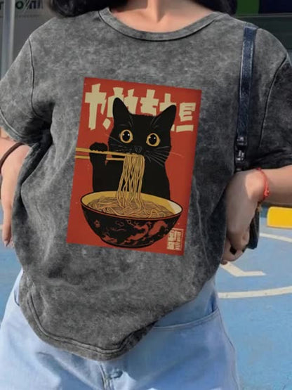 Damen Vintage T-Shirt mit Katzen- und Ramen-Print – Lustiges Streetwear Shirt für Alltag & Freizeit