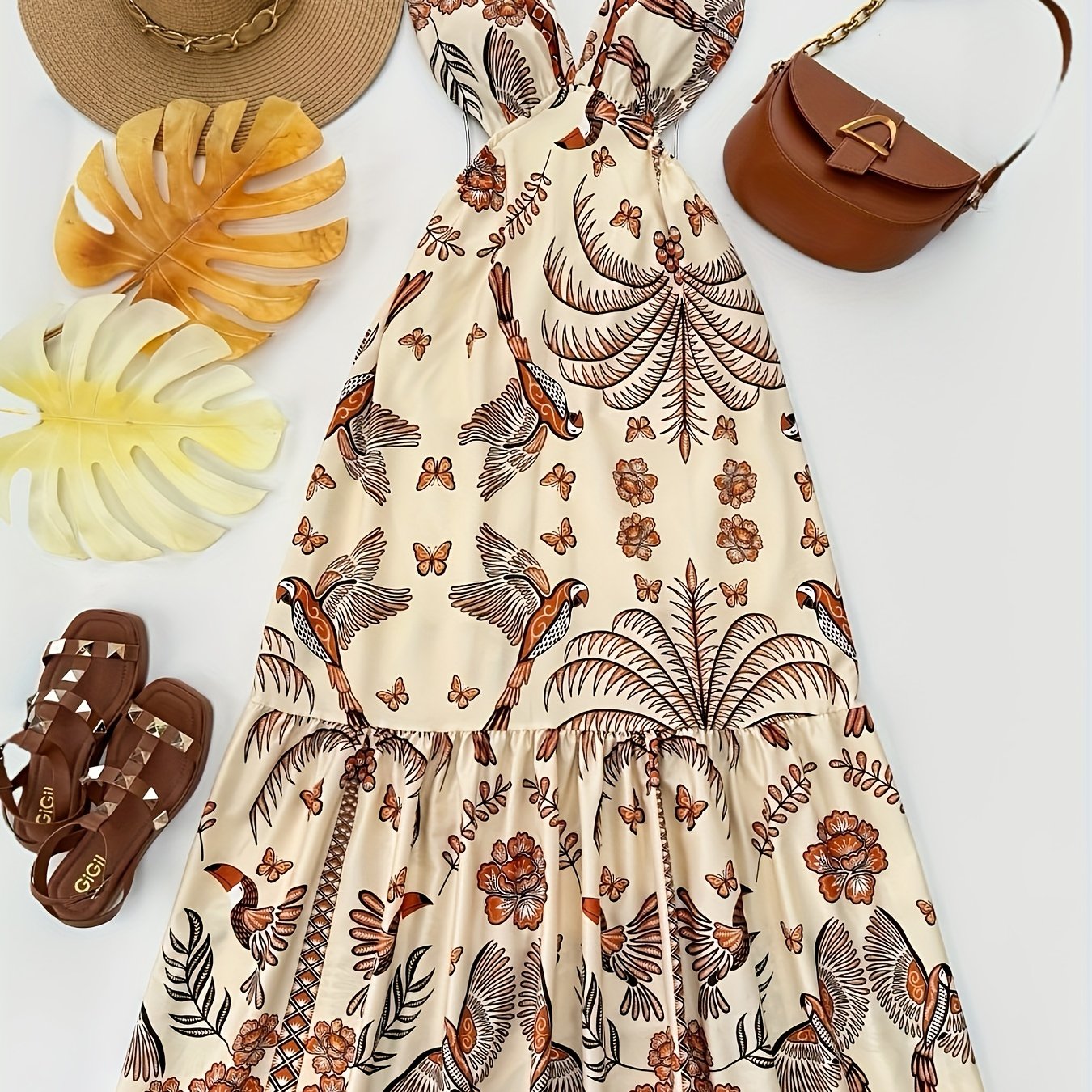 Damen Maxikleid Boho-Style mit tropischem Print und V-Ausschnitt – Perfekt für Urlaub und Sommerfeste