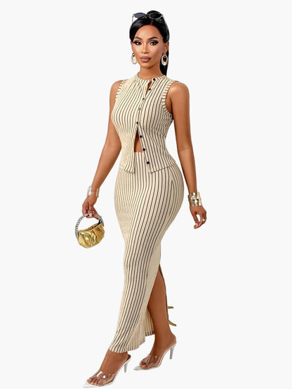 Damen Elegantes Gestreiftes Midikleid mit Knopfleiste und Figurbetontem Schnitt – Perfekt für Büro & Partys